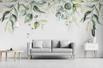 Tapet personalizat watercolor cu frunze verzi cu detalii aurii pe fundal alb aesthetic leaves glitter details