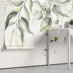 Tapet personalizat watercolor cu frunze verzi cu detalii aurii pe fundal alb aesthetic leaves glitter details