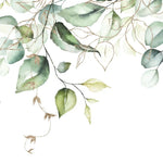 Tapet personalizat watercolor cu frunze verzi cu detalii aurii pe fundal alb aesthetic leaves glitter details