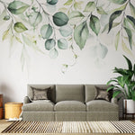 Fototapet personalizat watercolor cu frunze verzi pe fundal alb aesthetic leaves
