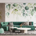 Fototapet personalizat watercolor cu frunze verzi pe fundal alb aesthetic leaves