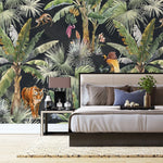 Tapet personalizat watercolor cu jungla si plante tropicale pe un fundal inchis watercolor jungle