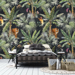 Tapet personalizat watercolor cu jungla si plante tropicale pe un fundal inchis watercolor jungle