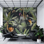 Tapet personalizat watercolor cu jungla si plante tropicale pe un fundal inchis watercolor jungle