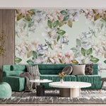 Tapet personalizat watercolor cu flori colorate pe fundal verde menta minty flowers
