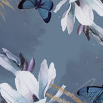 Tapet personalizat watercolor cu fluturi albastri si flori pe un fundal inchis blue butterfly