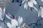 Tapet personalizat watercolor cu fluturi albastri si flori pe un fundal inchis blue butterfly