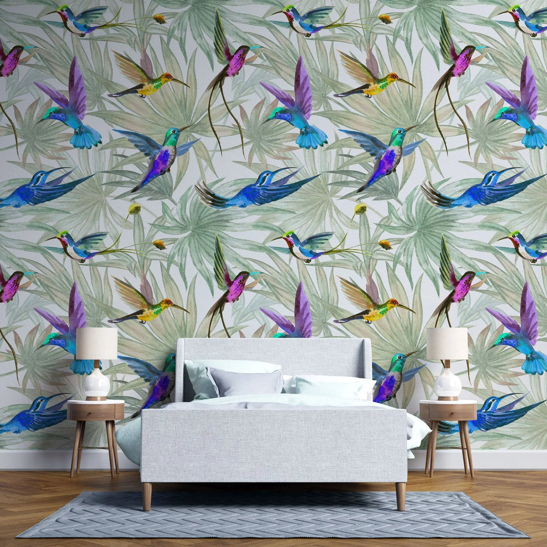 Tapet personalizat watercolor cu pasari exotice colorate color birds