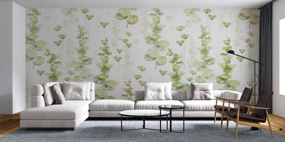 Tapet personalizat watercolor cu frunze de eucalipt pe un fundal alb eucalipt leaves