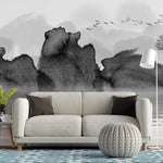 Tapet personalizat watercolor cu pictura cu lac munti si barca in stil watercolor in alb negru b&w lake