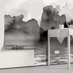Tapet personalizat watercolor cu pictura cu lac munti si barca in stil watercolor in alb negru b&w lake