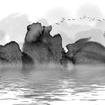 Tapet personalizat watercolor cu pictura cu lac munti si barca in stil watercolor in alb negru b&w lake