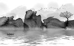 Tapet personalizat watercolor cu pictura cu lac munti si barca in stil watercolor in alb negru b&w lake