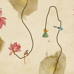 Tapet personalizat watercolor cu floare de lotus si pasari pe un fundal bej polygon lotus