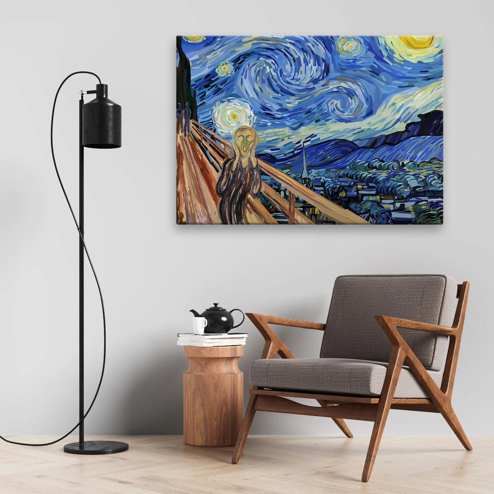 Tablou canvas ce reproduce tipatul in mijlocul unei noptii instelate scream on a starry night