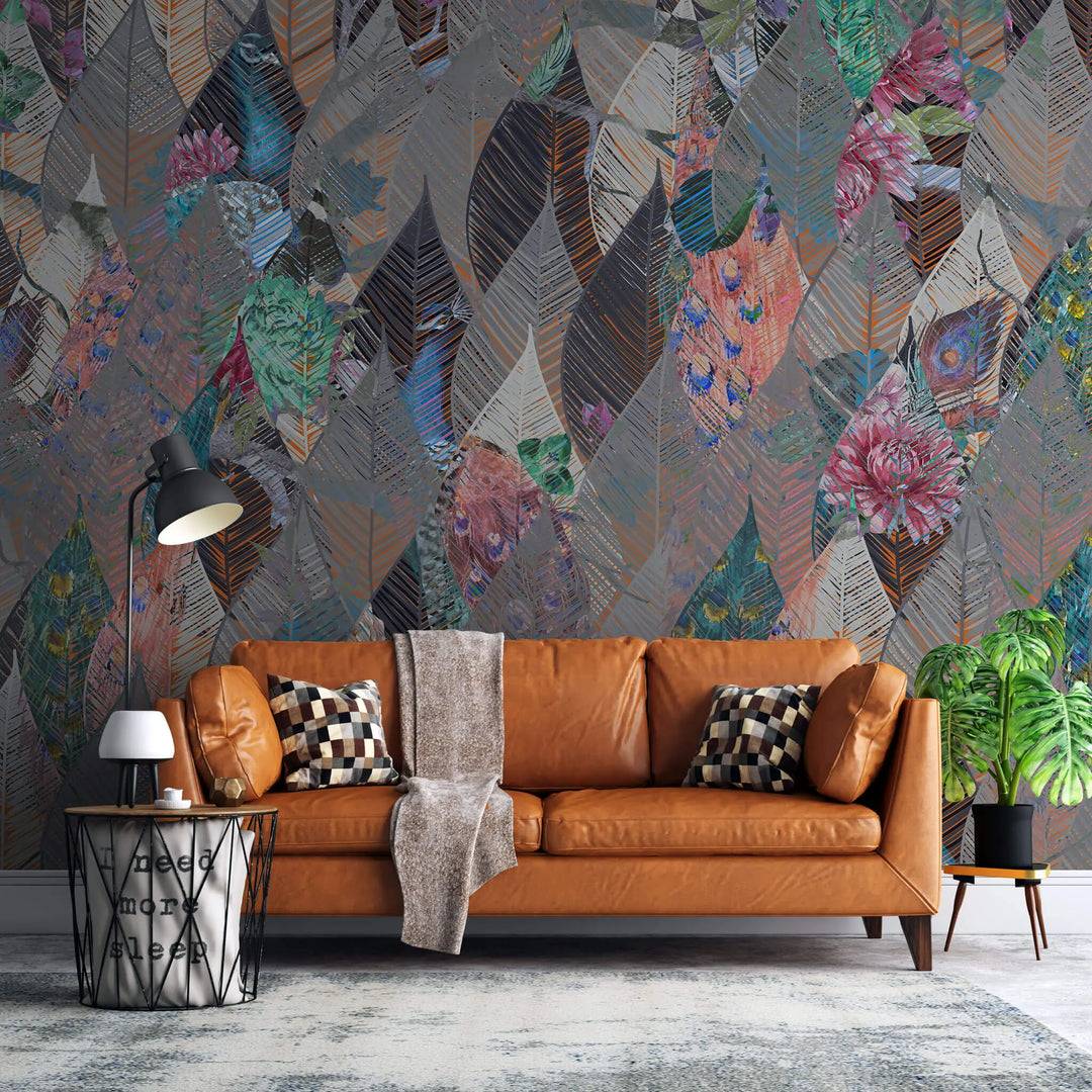 Tapet personalizat abstract cu frunze modele florale si pauni abstract leaves