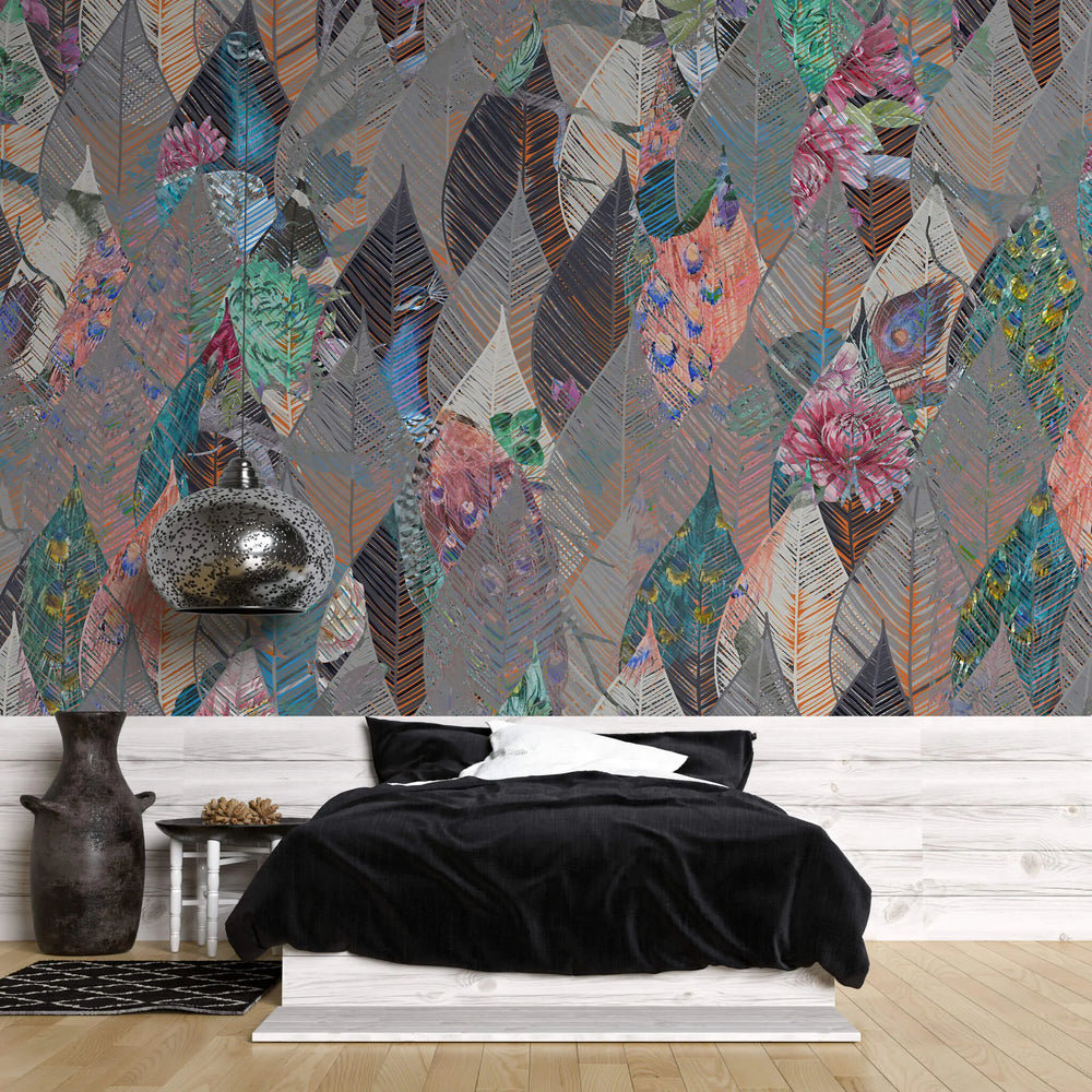 Tapet personalizat abstract cu frunze modele florale si pauni abstract leaves