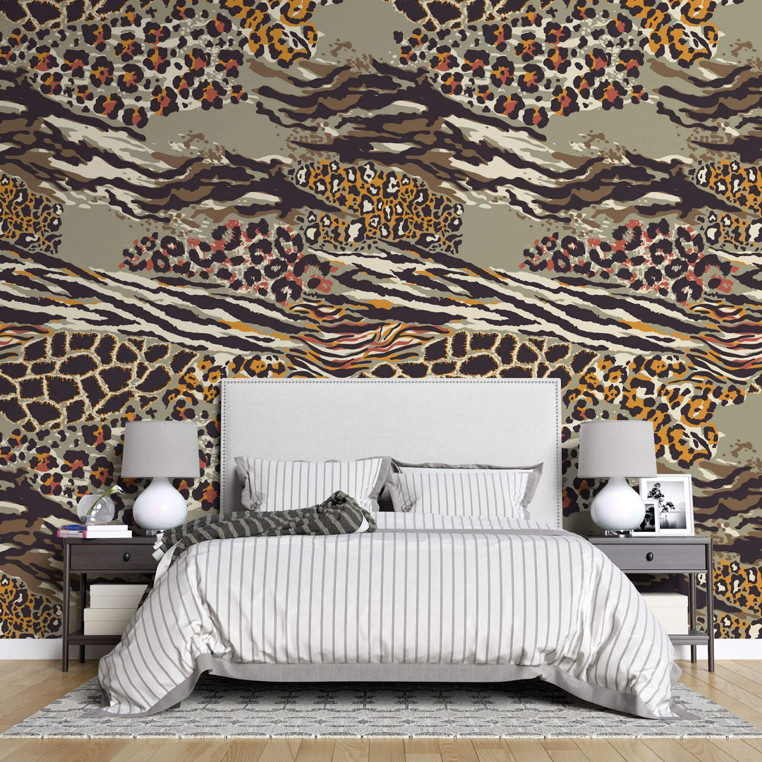 Tapet personalizat abstract cu model animal print de leopard si tigru in nuante calde maronii cheeath
