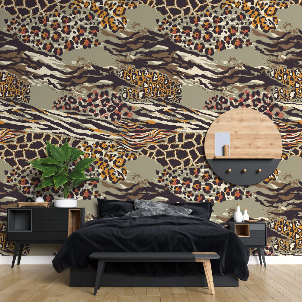 Tapet personalizat abstract cu model animal print de leopard si tigru in nuante calde maronii cheeath