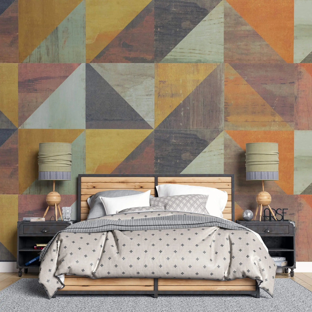 Tapet personalizat abstract cu forme geometrice in nuante calde complementare complementary geometrics
