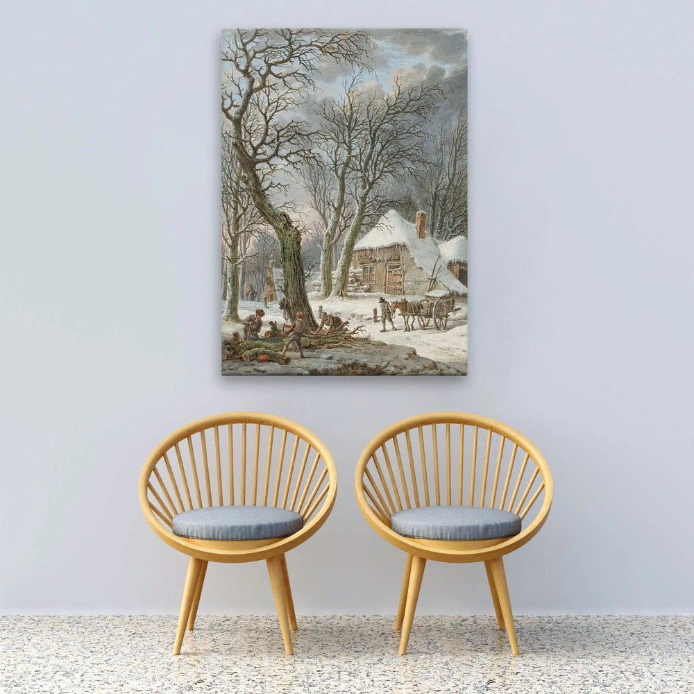 Tablou canvas ce prezinta o casa in mijlocul naturii un peisaj de iarna cu zapada alba si stralucitoare frozen landscape