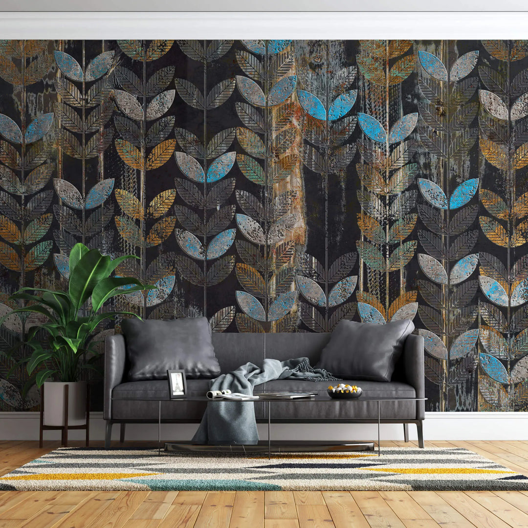 Tapet personalizat abstract cu frunze pe fundal negru leaves stamp