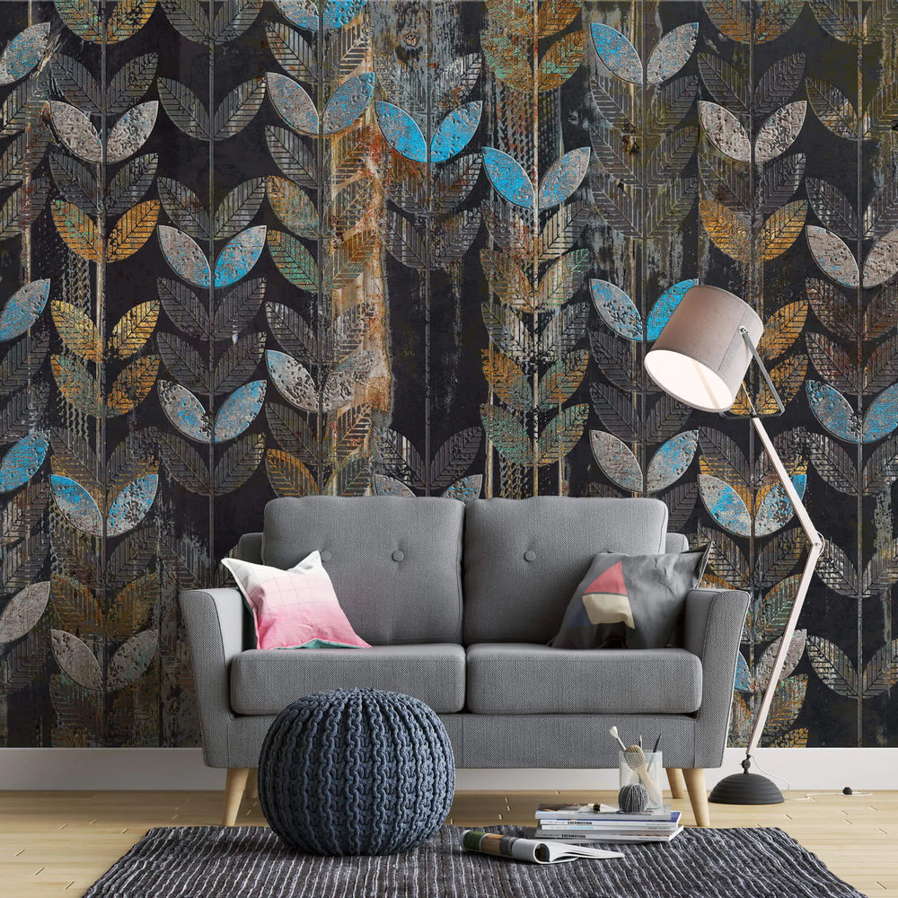 Tapet personalizat abstract cu frunze pe fundal negru leaves stamp