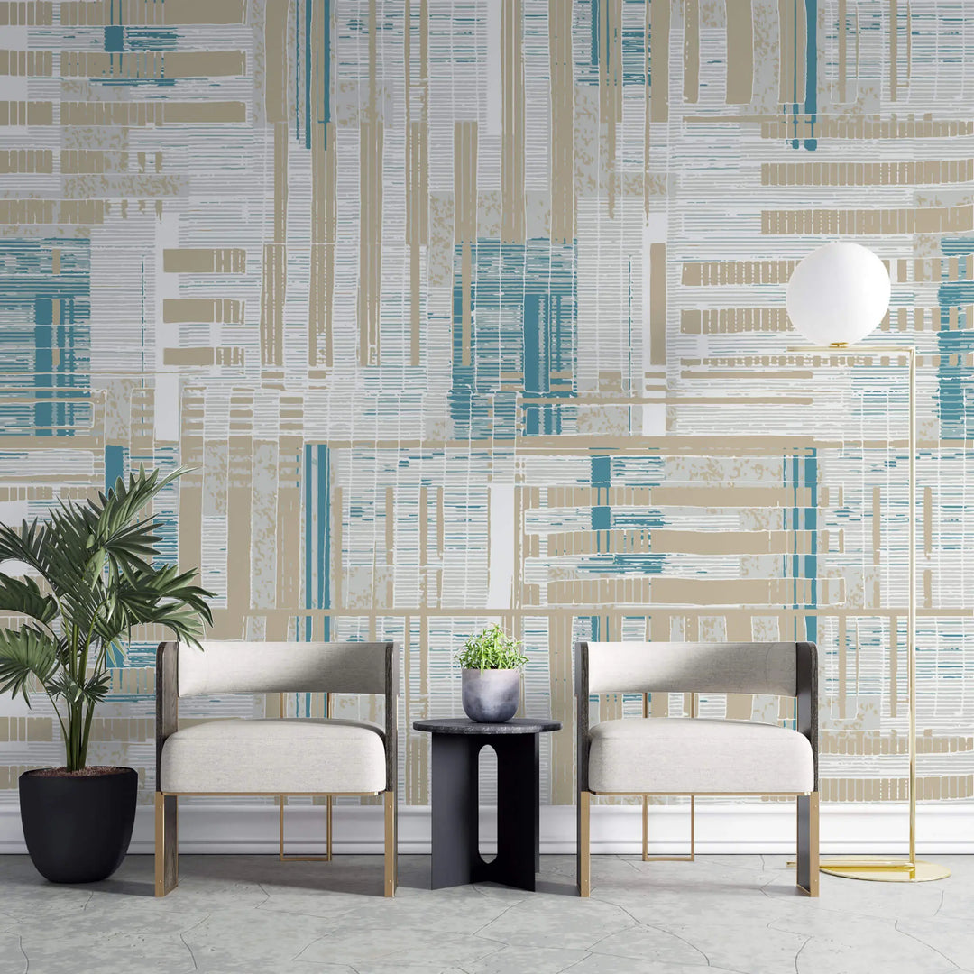 Tapet personalizat abstract cu dungi bej albastre si albe sand stripes