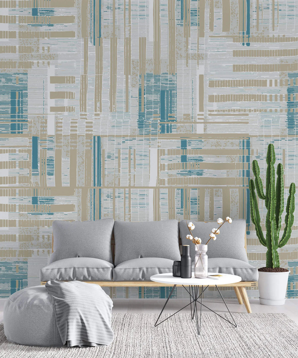 Tapet personalizat abstract cu dungi bej albastre si albe sand stripes