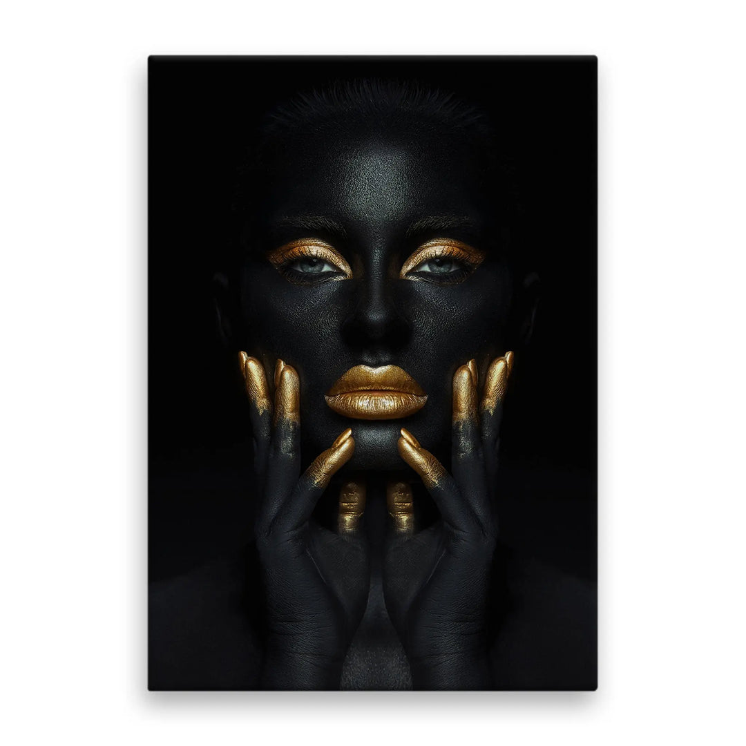 Tablou canvas ce iustreaza o femeie afro cu machiaj auriu gold african art woman