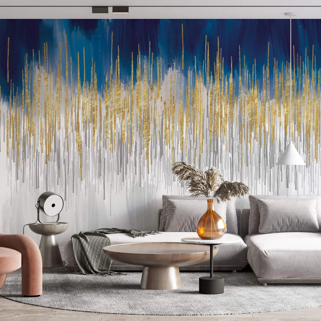 Fototapet personalizat abstract cu dungi aurii si argintii pe un fundal in nuante monocrome si albastre upside down