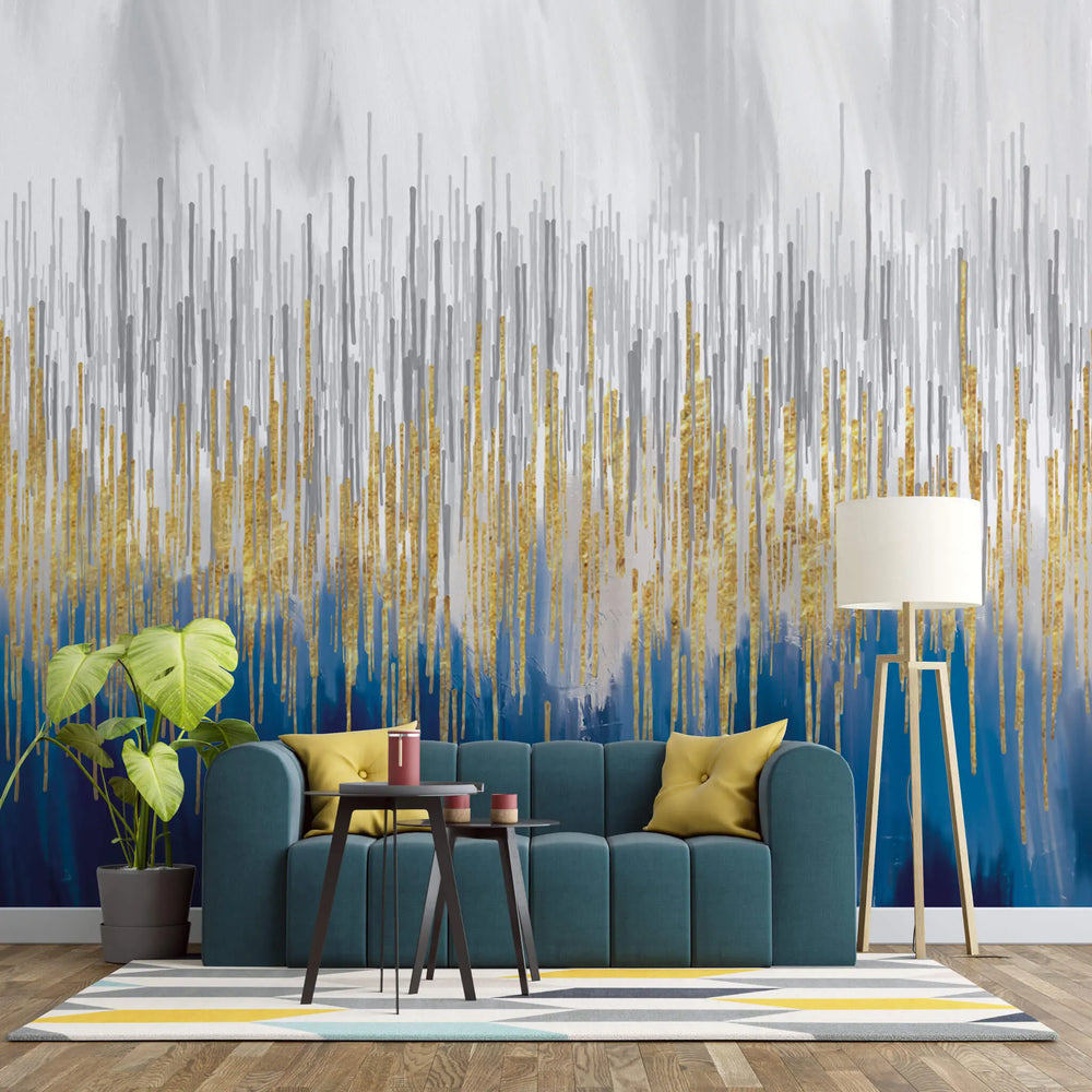 Fototapet personalizat abstract cu dungi aurii si argintii pe un fundal in nuante monocrome si albastre upside down