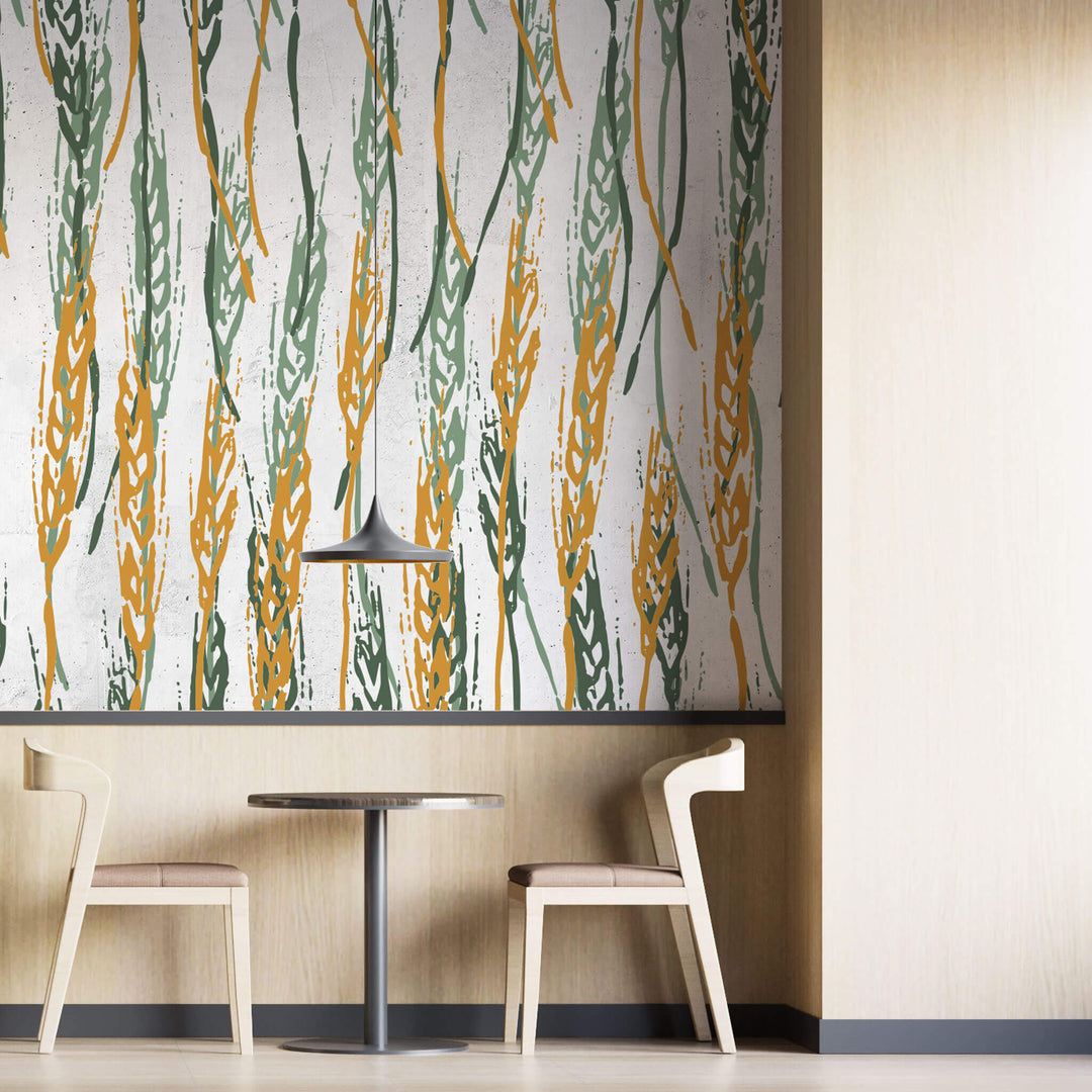 Tapet personalizat abstract cu spic de grau in nuante de verde si portocaliu wheat spikes
