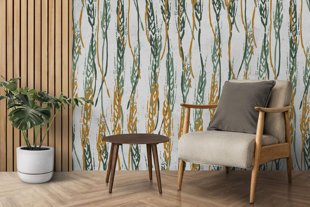 Tapet personalizat abstract cu spic de grau in nuante de verde si portocaliu wheat spikes