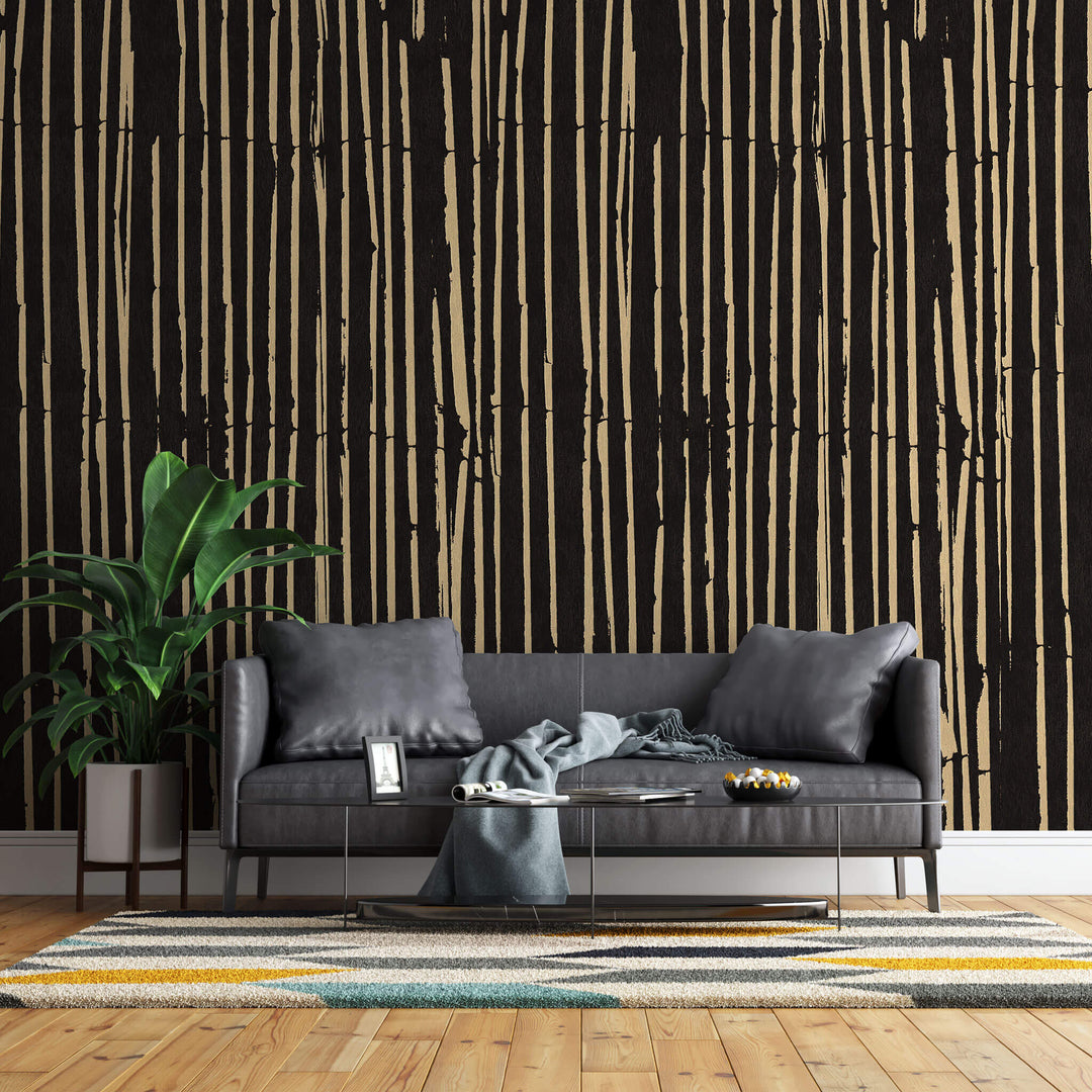 Tapet personalizat abstract cu dungi maronii pe fundal negru bamboo sticks