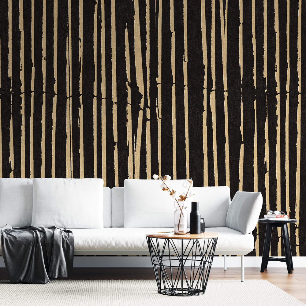 Tapet personalizat abstract cu dungi maronii pe fundal negru bamboo sticks