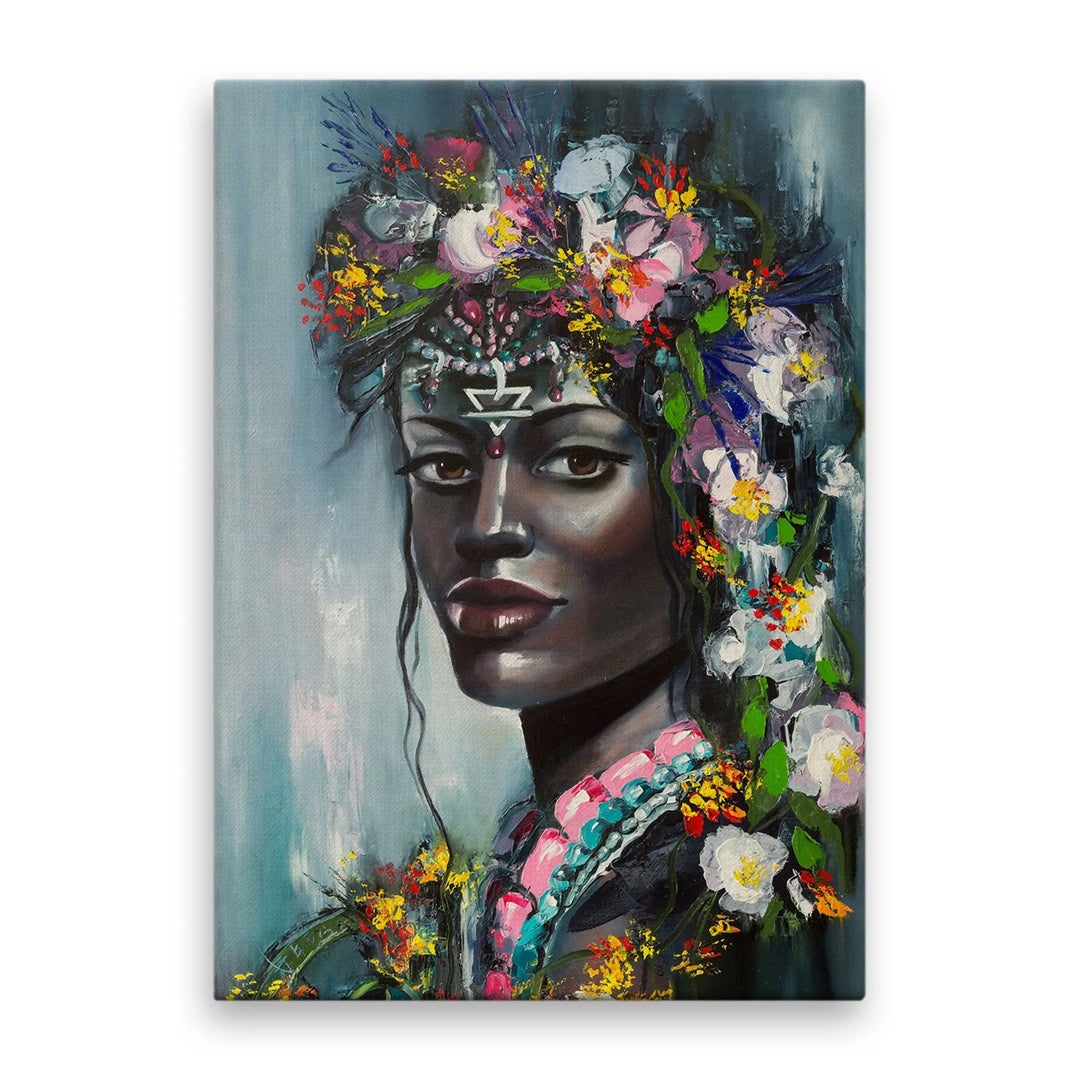 Tablou canvas ce ilustreaza o femeie tanara africana purtand flori multicolore a young african woman