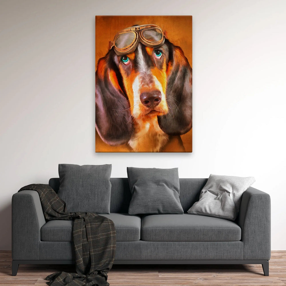 Tablou canvas care ilustreaza un caine cu tenta maro avand ochelari de pilot pe cap schweizer laufhund pilot