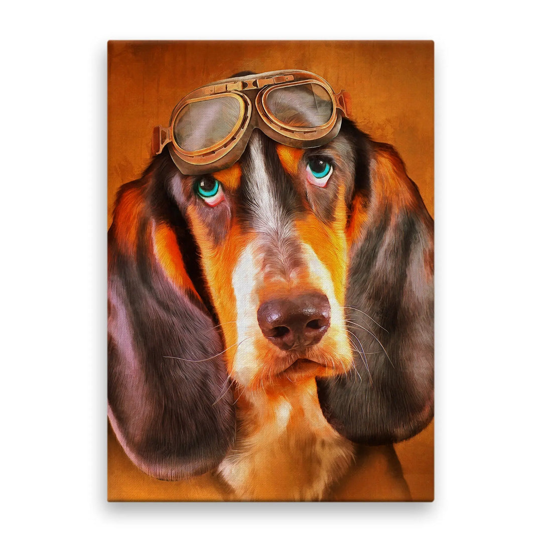 Tablou canvas care ilustreaza un caine cu tenta maro avand ochelari de pilot pe cap schweizer laufhund pilot