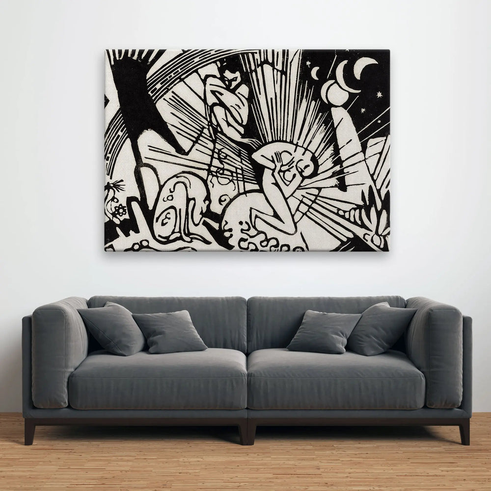 Tablou canvas ce reproduce reconcilierea opera de arta a lui franz marc in care sunt reprezentate abstarct animalele si oamenii reconciliation