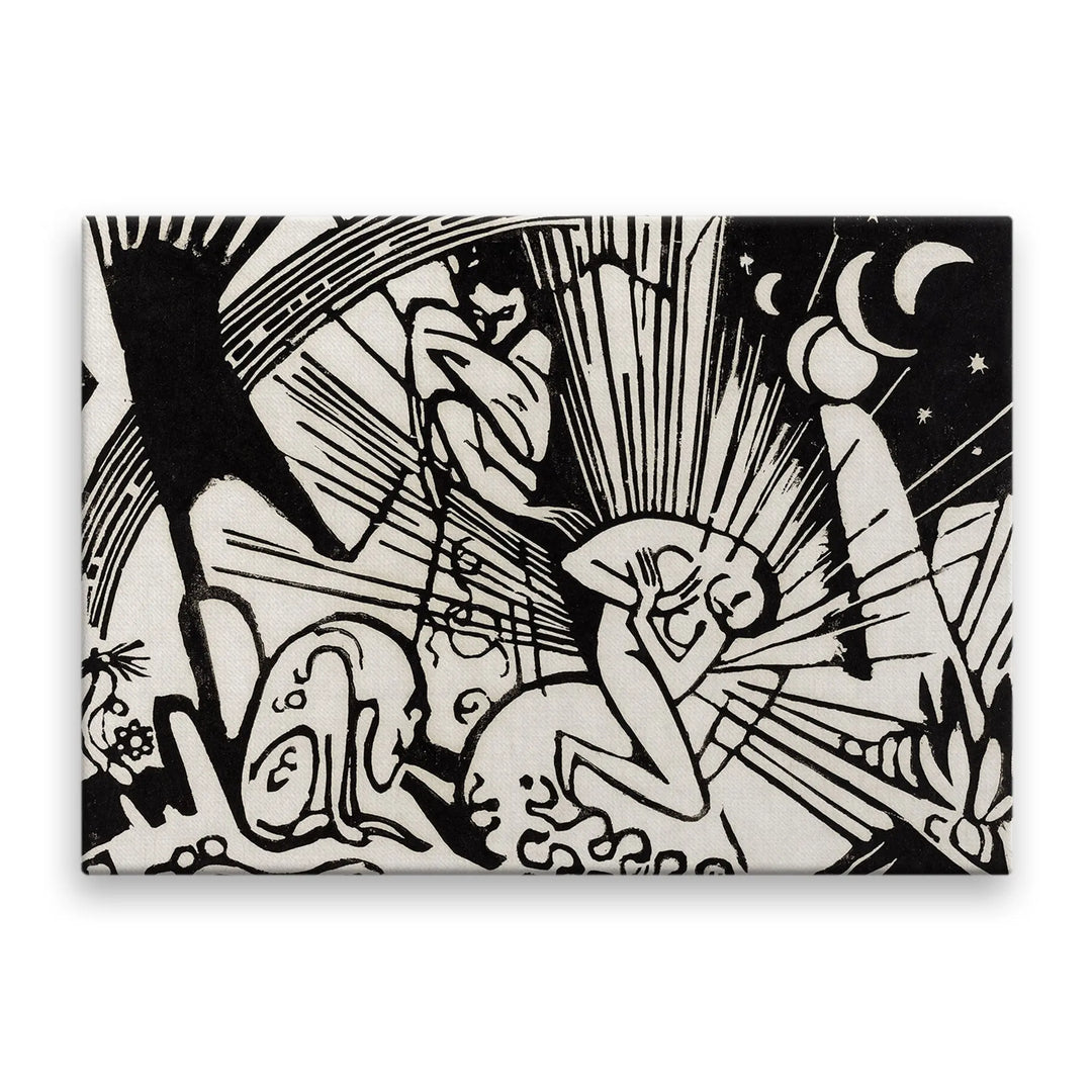 Tablou canvas ce reproduce reconcilierea opera de arta a lui franz marc in care sunt reprezentate abstarct animalele si oamenii reconciliation