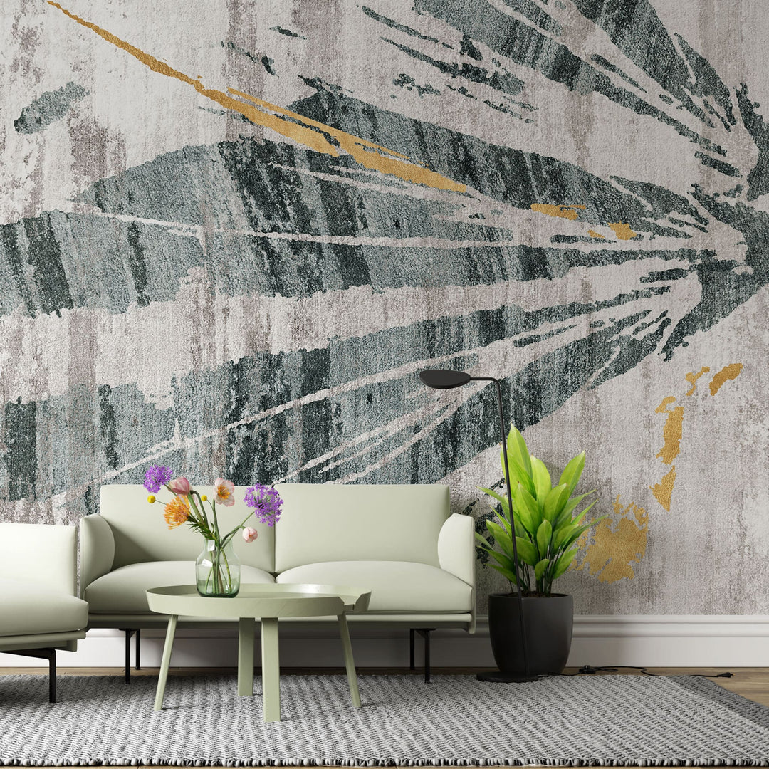 Tapet personalizat abstract cu forme de aripi abstracte in nuante de verde, gri si insertii aurii dragonfly