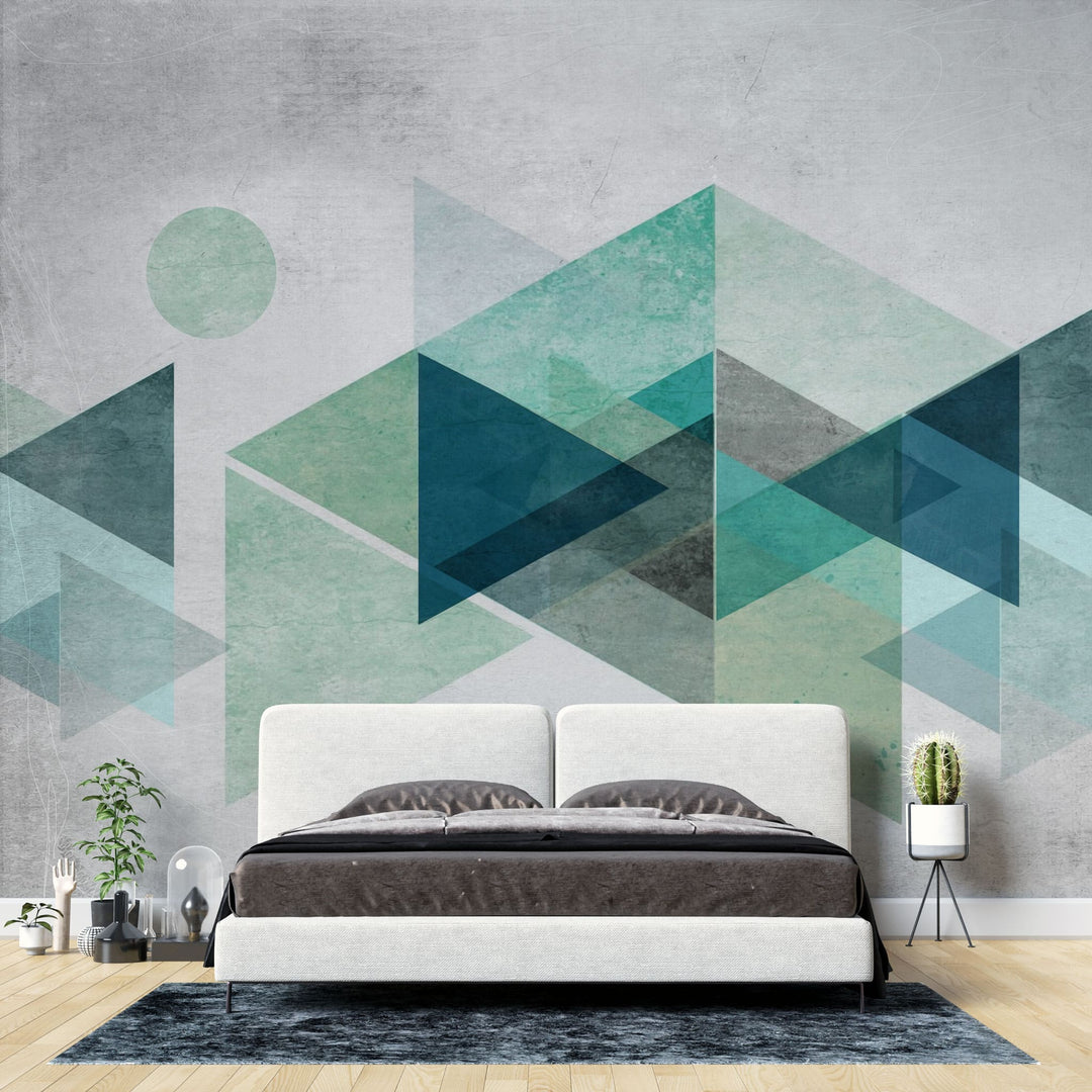 Tapet personalizat abstract cu forme triunghiulare in nuante turcoaz turqoise opacity