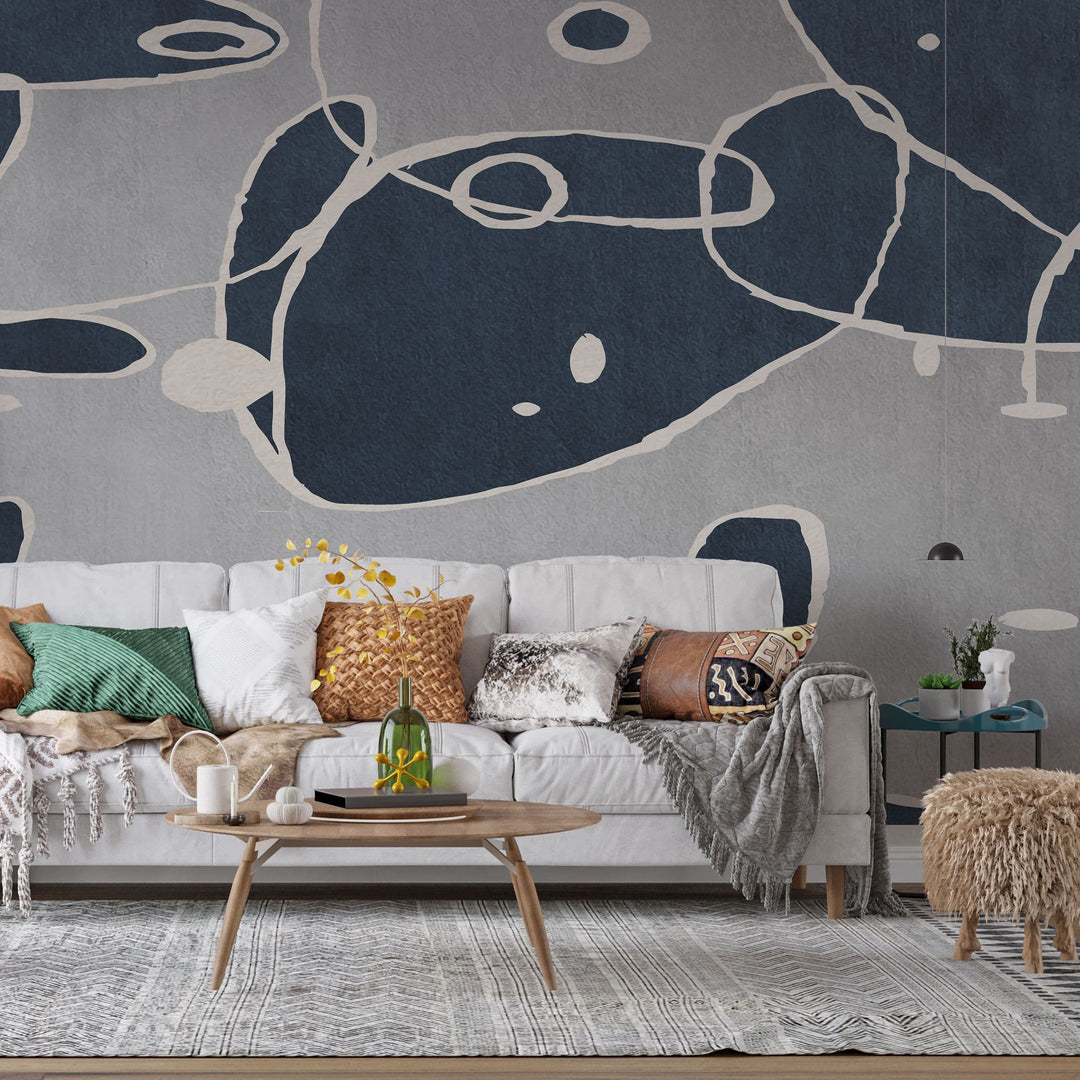 Tapet personalizat abstract cu forme si linii abstracte in nuante de albastru si gri doodle