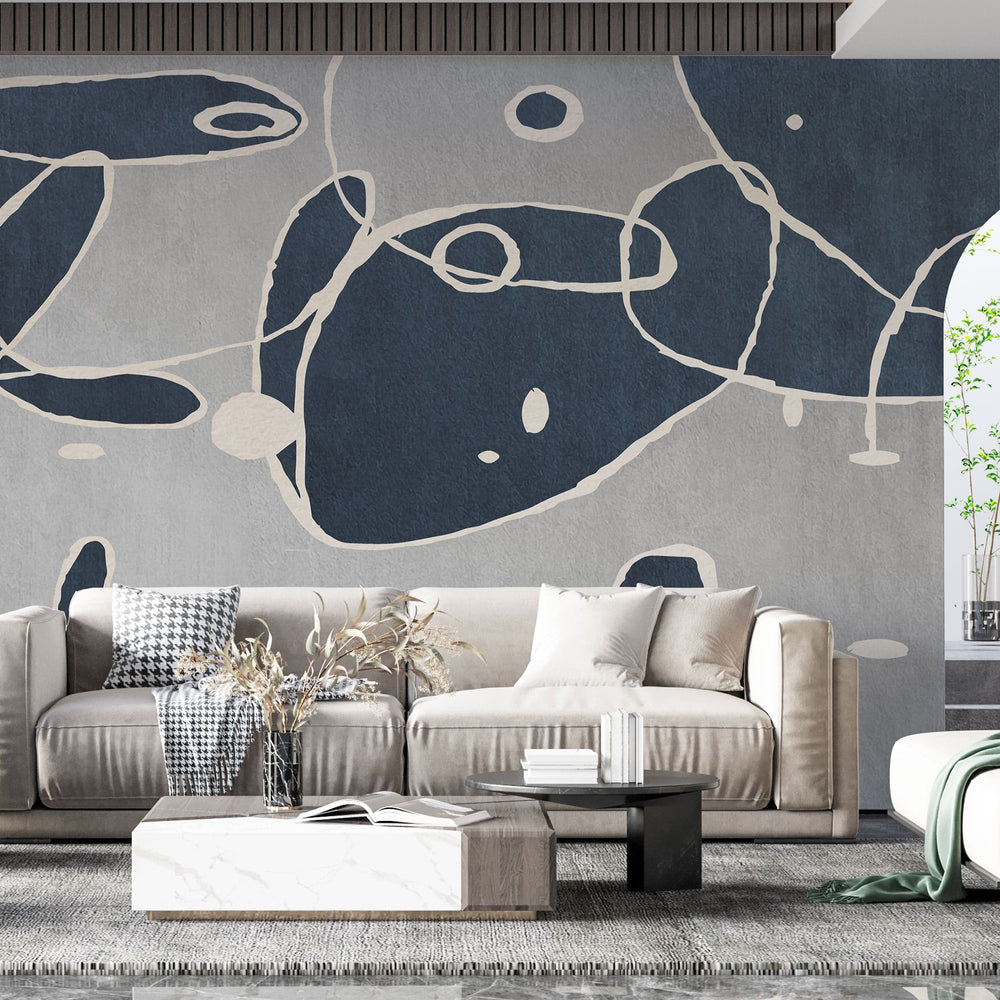 Tapet personalizat abstract cu forme si linii abstracte in nuante de albastru si gri doodle