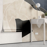 Tapet personalizat abstract cu linii abstracte in nuante de bej, albastru si negru line art 