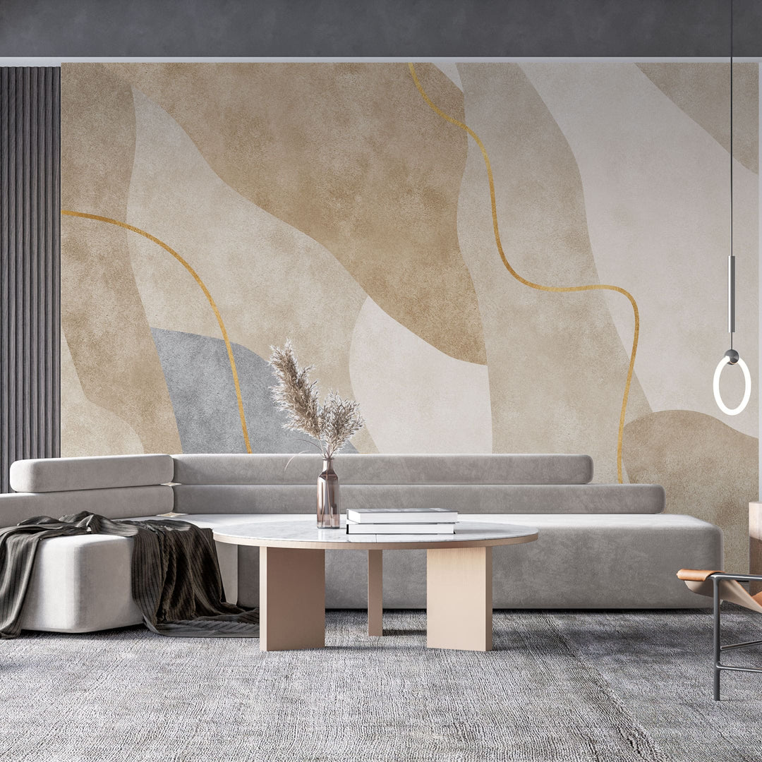 Tapet personalizat abstract cu forma abstracta in nuante de bej cu detalii aurii sleek