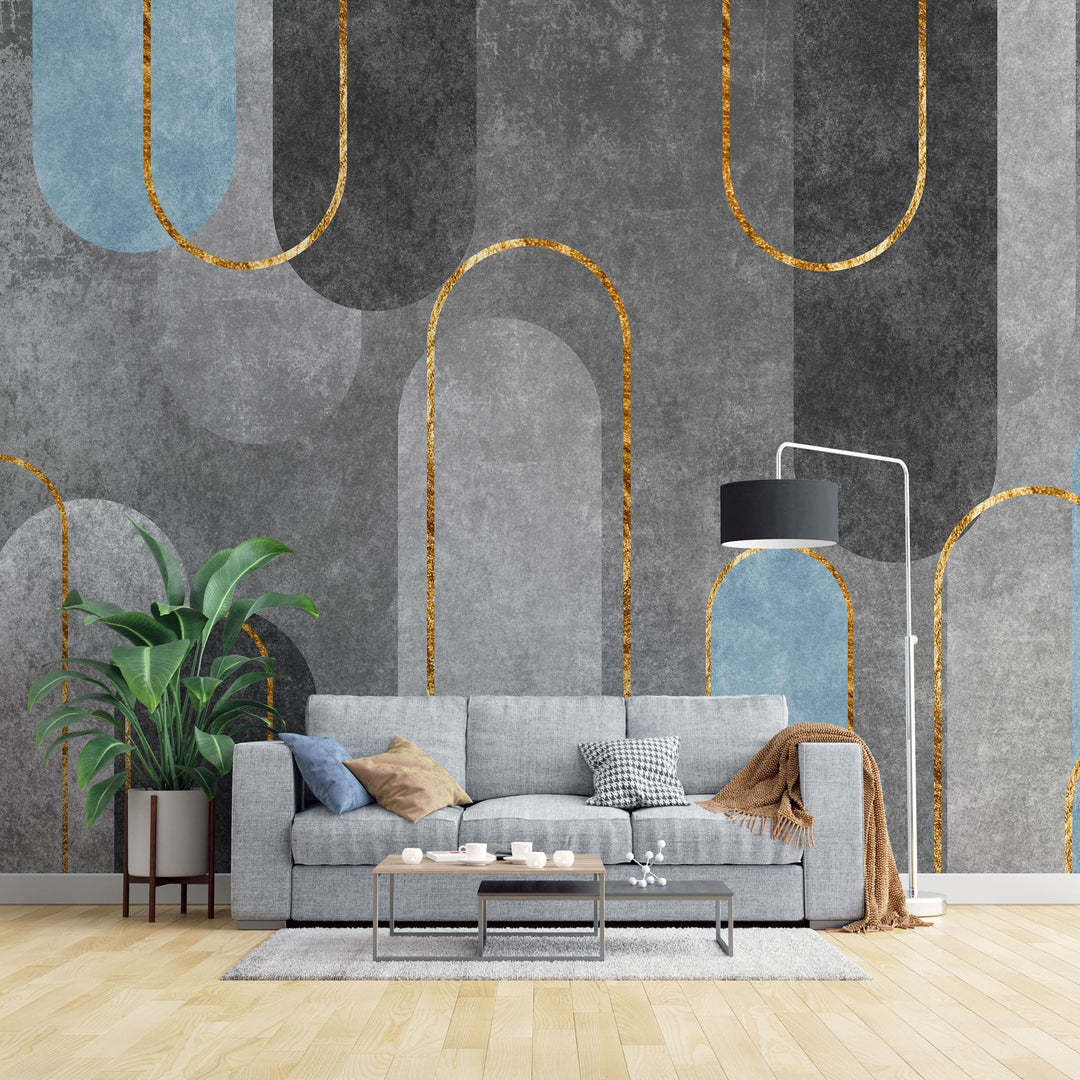 Tapet personalizat abstract cu forme moderne rotunde si insertii aurii abstract glitter