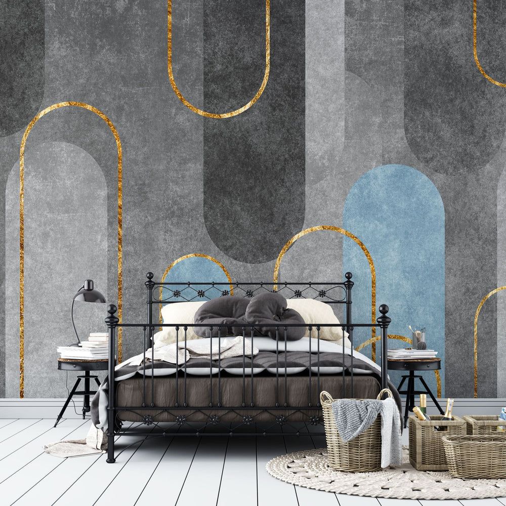 Tapet personalizat abstract cu forme moderne rotunde si insertii aurii abstract glitter