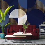 Tapet personalizat art deco cu cercuri in nuante aurii bleumarin si alb golden art print